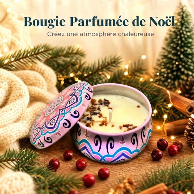 Bougie parfumée de Noël en cire de soja avec fleurs séchées naturelles, boîte en fer imprimé mandala sans fumée, décoration maison et cadeau de fête