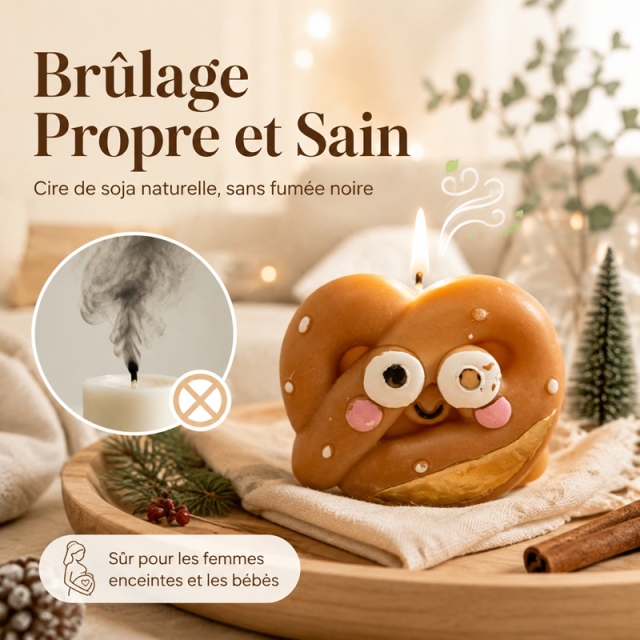 Bougie parfumée artisanale en forme de bretzel cœur cartoon, cire de soja naturelle parfum beurre chaud sans fumée, décoration hivernale et cadeau original de Noël sûr pour toute la famille