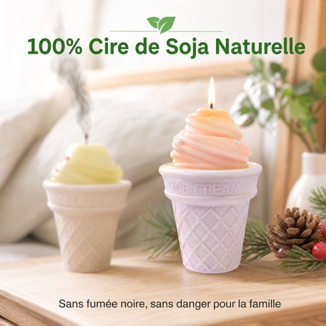 Bougie parfumée créative en cornet de gaufre crème glacée, cire de soja 100% naturelle, mèche coton sans plomb sans fumée, décoration maison et cadeau de Noël original