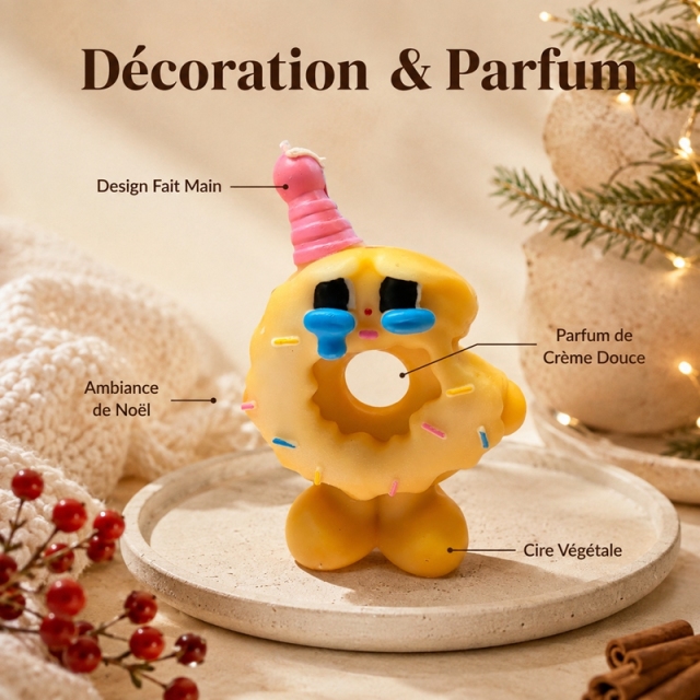 Handmade Cartoon Crying Donut Soy Wax Candle, Sweet Cream Fragrance Smokeless Aroma Candle, Unique Kawaii Decor & Holiday Present