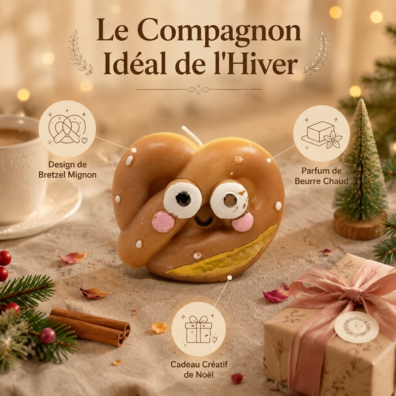 Bougie parfumée artisanale en forme de bretzel cœur cartoon, cire de soja naturelle parfum beurre chaud sans fumée, décoration hivernale et cadeau original de Noël sûr pour toute la famille