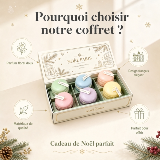 Set of 6 handcrafted scented candles in the shape of macarons, natural soy wax, soft floral fragrance, smokeless, elegant Parisian-style box, perfect gift for Christmas and friends