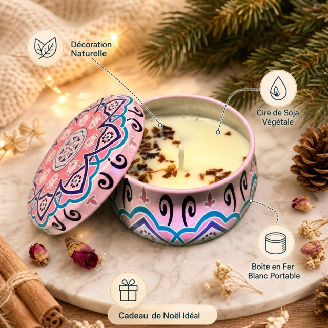 Bougie parfumée de Noël en cire de soja avec fleurs séchées naturelles, boîte en fer imprimé mandala sans fumée, décoration maison et cadeau de fête