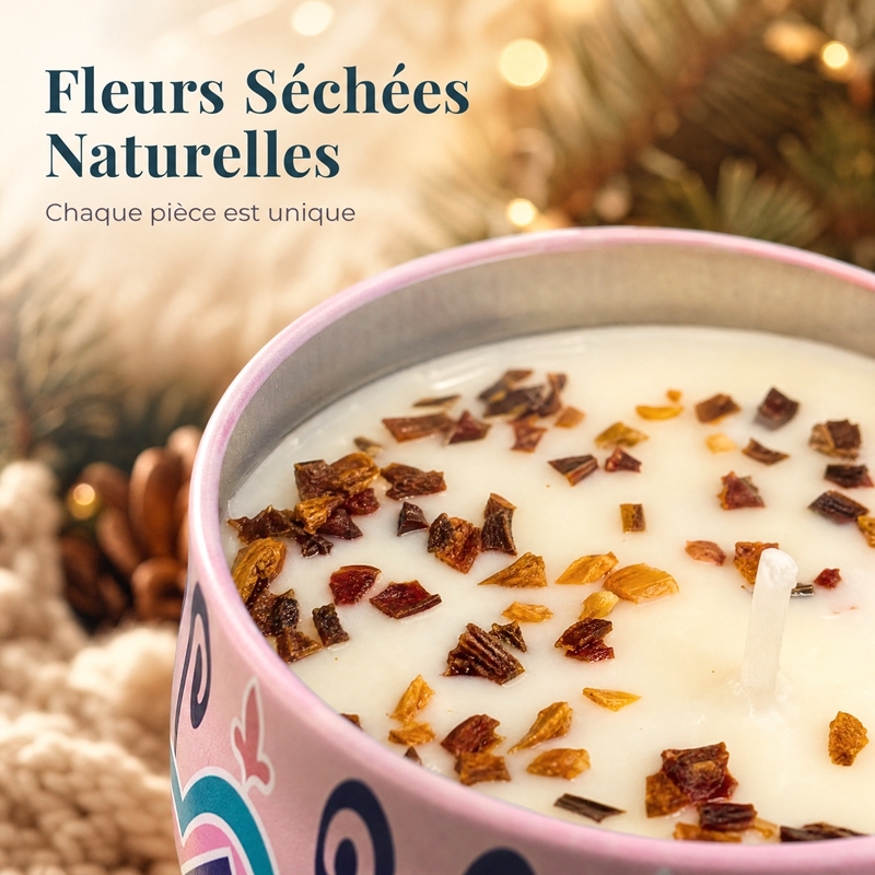 Bougie parfumée de Noël en cire de soja avec fleurs séchées naturelles, boîte en fer imprimé mandala sans fumée, décoration maison et cadeau de fête