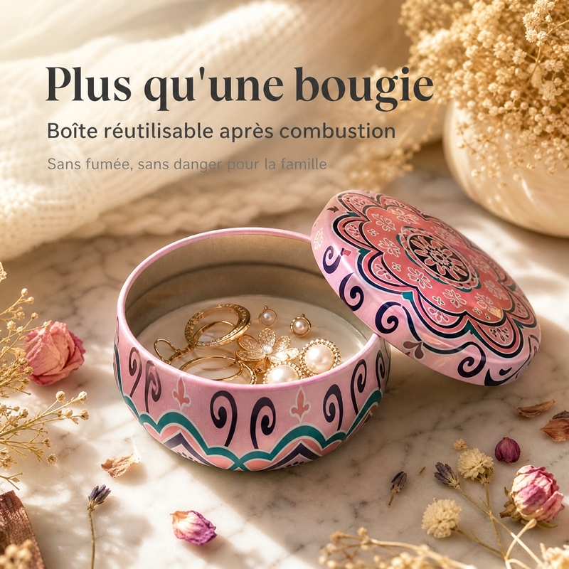 Bougie parfumée de Noël en cire de soja avec fleurs séchées naturelles, boîte en fer imprimé mandala sans fumée, décoration maison et cadeau de fête