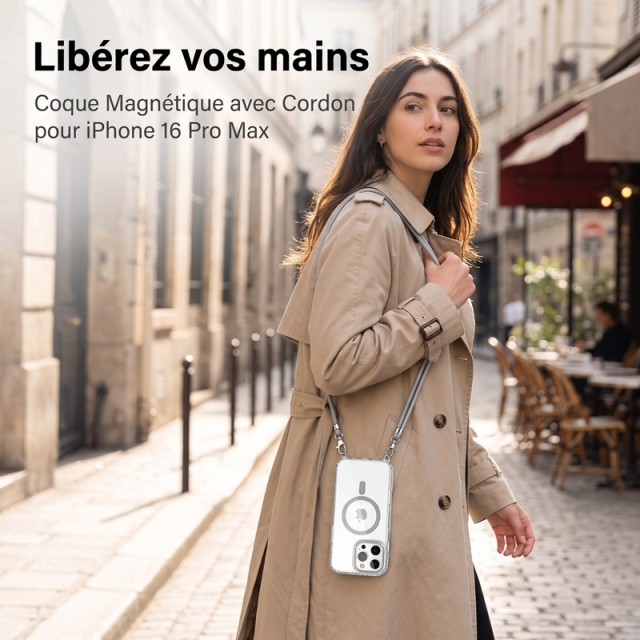 KC25 Coque Magnétique avec Cordon pour iPhone 16 Pro Max | Sangle Ajustable Mains Libres · Aimant Puissant · Coins Renforcés · Anti-Jaunissement