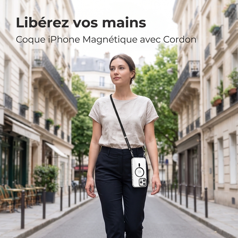 KC25 Coque iPhone Magnétique avec Cordon | Aimant Puissant · Coins Airbags Anti-Choc · Rebord Caméra Surélevé · Anti-Jaunissement UV
