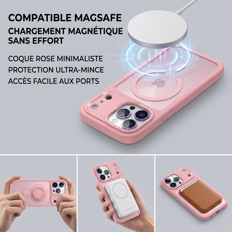KC26 Coque Ultra-Mince Magnétique | Rose Poudré · Dos Translucide Mat · Rebords Surélevés 1,5 mm · Protection Militaire Anti-Choc