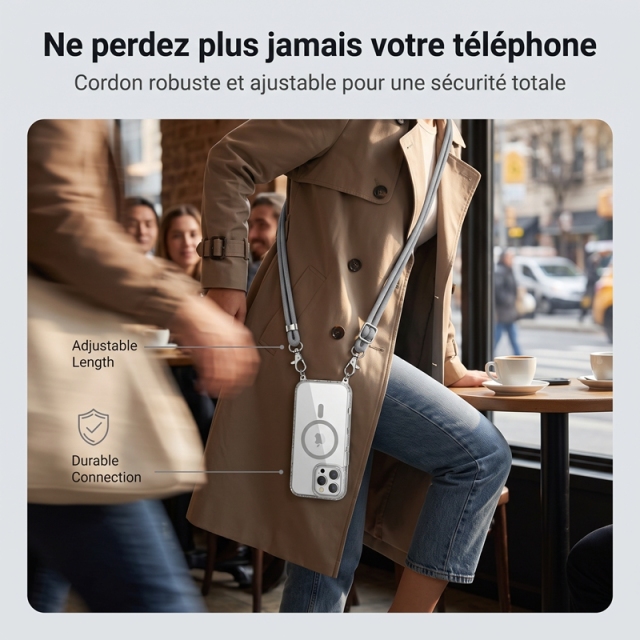 KC25 Coque Magnétique avec Cordon pour iPhone 16 Pro Max | Sangle Ajustable Mains Libres · Aimant Puissant · Coins Renforcés · Anti-Jaunissement