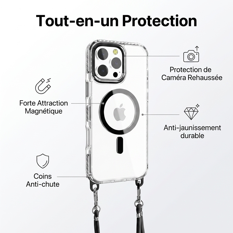 KC25 Coque iPhone Magnétique avec Cordon | Aimant Puissant · Coins Airbags Anti-Choc · Rebord Caméra Surélevé · Anti-Jaunissement UV