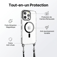 KC25 Coque iPhone Magnétique avec Cordon | Aimant Puissant · Coins Airbags Anti-Choc · Rebord Caméra Surélevé · Anti-Jaunissement UV