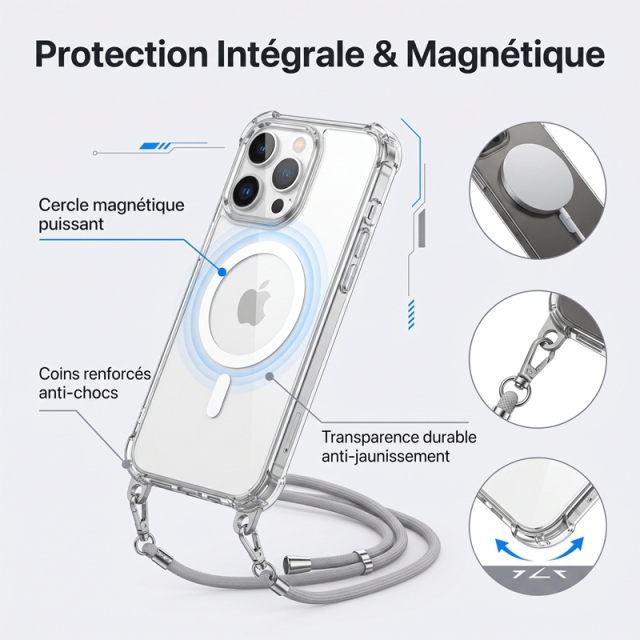 KC25 Coque Magnétique avec Cordon pour iPhone 16 Pro Max | Sangle Ajustable Mains Libres · Aimant Puissant · Coins Renforcés · Anti-Jaunissement