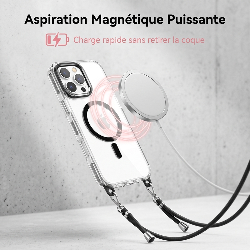 KC25 Coque iPhone Magnétique avec Cordon | Aimant Puissant · Coins Airbags Anti-Choc · Rebord Caméra Surélevé · Anti-Jaunissement UV