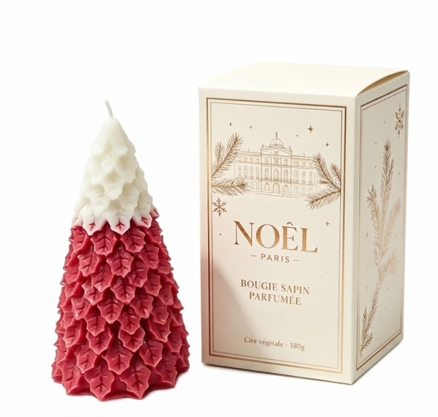 Bougie Parfumée Sapin de Noël Rouge, Cire de Soja Naturelle, Cadeau Déco de Noël