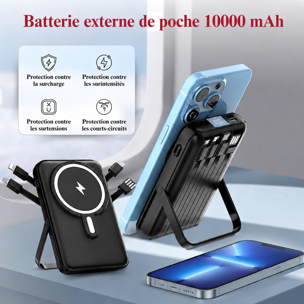 P8285 Batterie Externe Magnétique Sans Fil 10000mAh, 4 Câbles Intégrés, Charge Rapide PD 22,5 W, Support Pliable