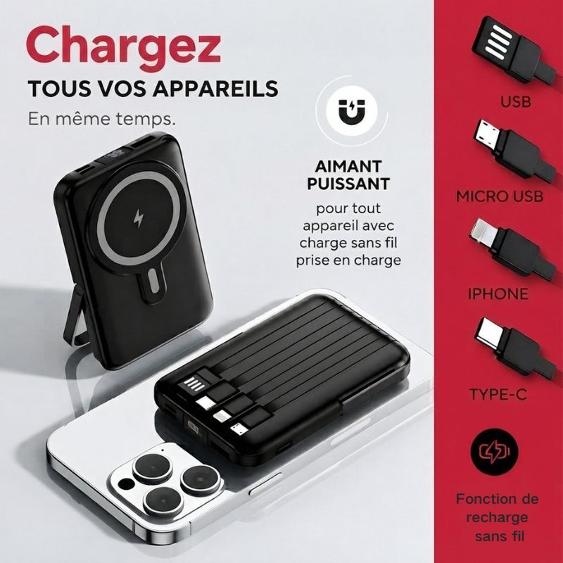 P8285 Batterie Externe Magnétique Sans Fil 10000mAh, 4 Câbles Intégrés, Charge Rapide PD 22,5 W, Support Pliable