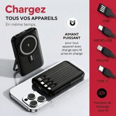 P8285 Batterie Externe Magnétique Sans Fil 10000mAh, 4 Câbles Intégrés, Charge Rapide PD 22,5 W, Support Pliable