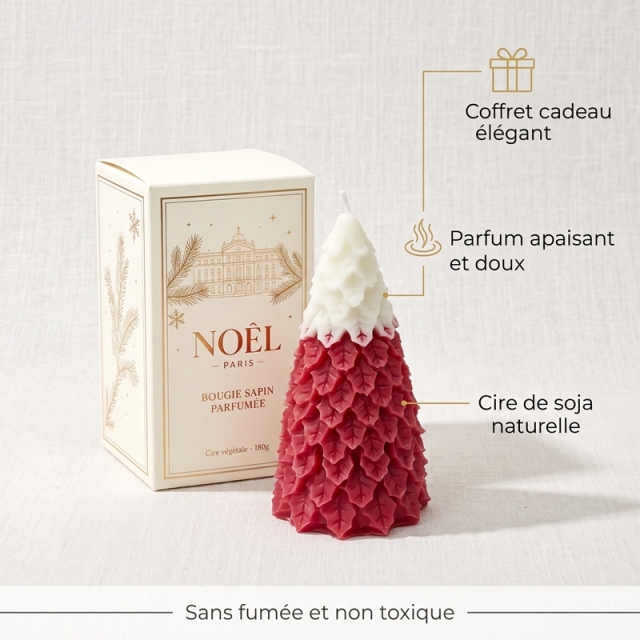 Bougie Parfumée Sapin de Noël Rouge, Cire de Soja Naturelle, Cadeau Déco de Noël