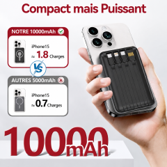 P8285 Batterie Externe Magnétique Sans Fil 10000mAh, 4 Câbles Intégrés, Charge Rapide PD 22,5 W, Support Pliable