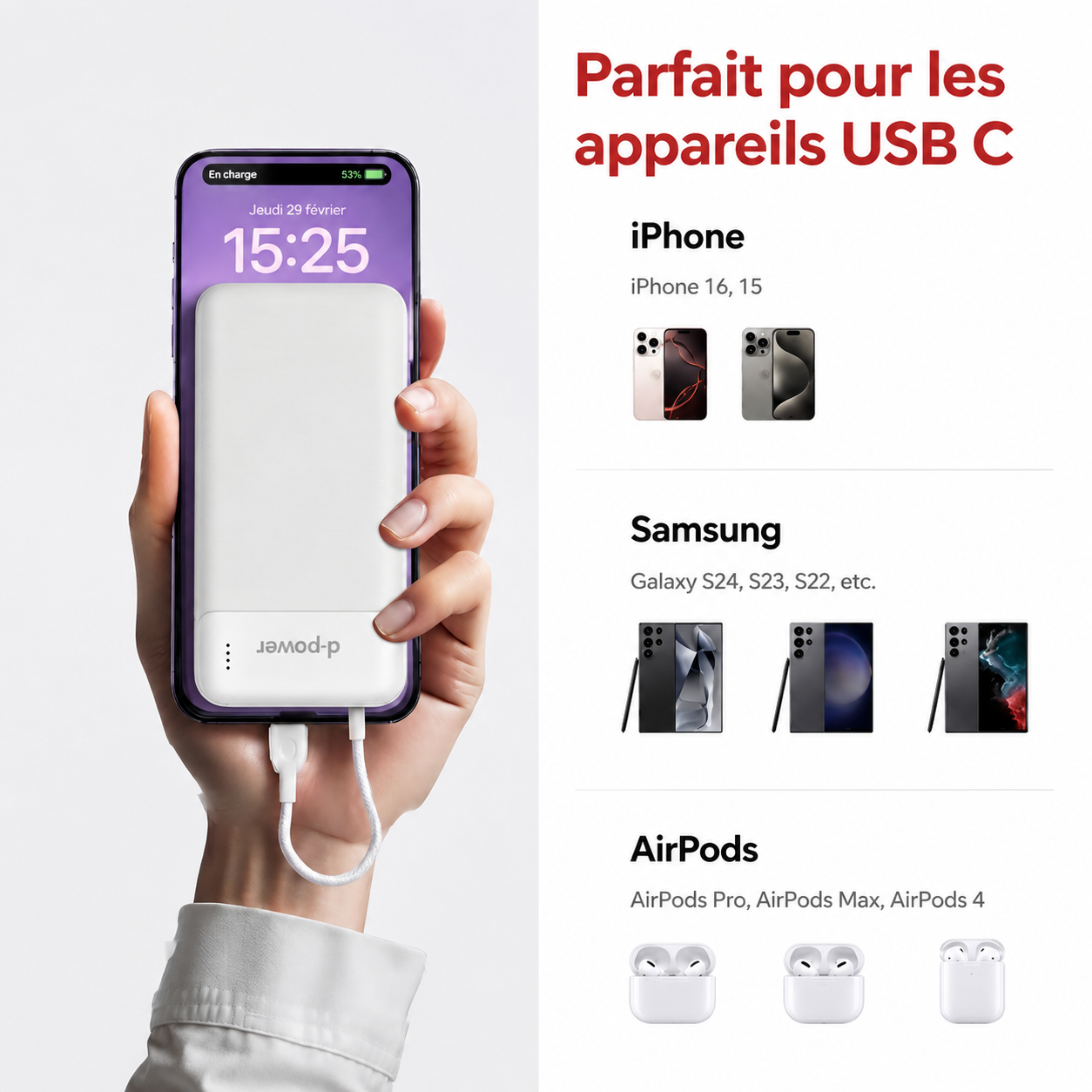 P8283 Batterie Externe Fine 10000 mAh, Charge Rapide SCP 22,5 W, Câble USB‑C Intégré, Banque d'Alimentation Légère de Poche pour iPhone, Samsung