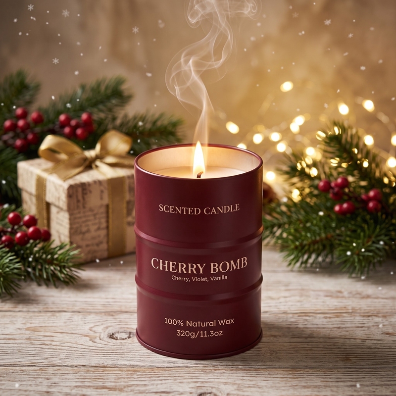 Bougie parfumée Cherry Bomb, bougie en cire naturelle forme bidon