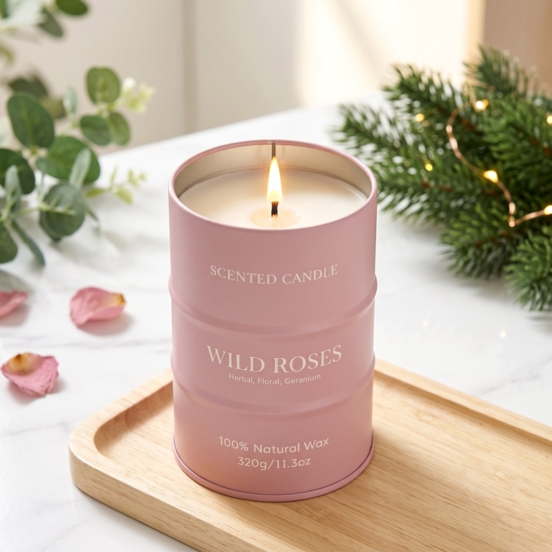 Bougie parfumée Roses Sauvages, bougie en cire naturelle forme bidon