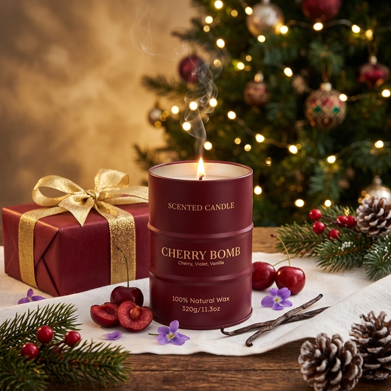 Bougie parfumée Cherry Bomb, bougie en cire naturelle forme bidon