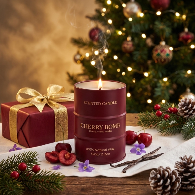 Bougie parfumée Cherry Bomb, bougie en cire naturelle forme bidon