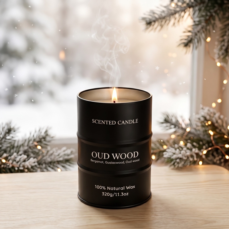Bougie parfumée Bois d'Aoud, bougie en cire naturelle forme bidon