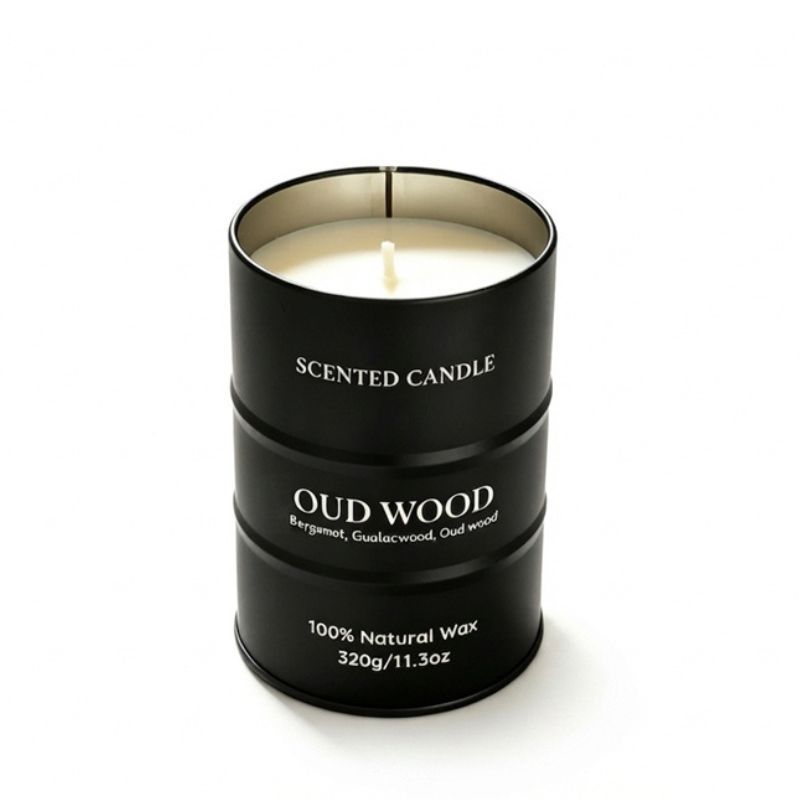 Bougie parfumée Bois d'Aoud, bougie en cire naturelle forme bidon