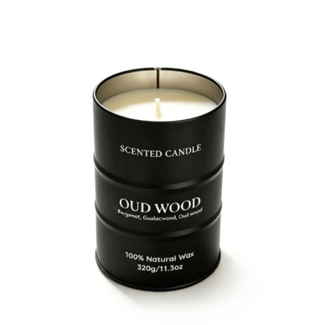 Bougie parfumée Bois d'Aoud, bougie en cire naturelle forme bidon