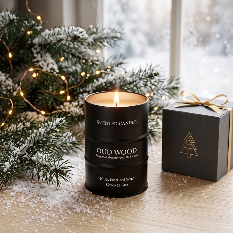 Bougie parfumée Bois d'Aoud, bougie en cire naturelle forme bidon