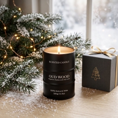 Bougie parfumée Bois d'Aoud, bougie en cire naturelle forme bidon