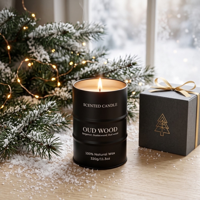 Bougie parfumée Bois d'Aoud, bougie en cire naturelle forme bidon