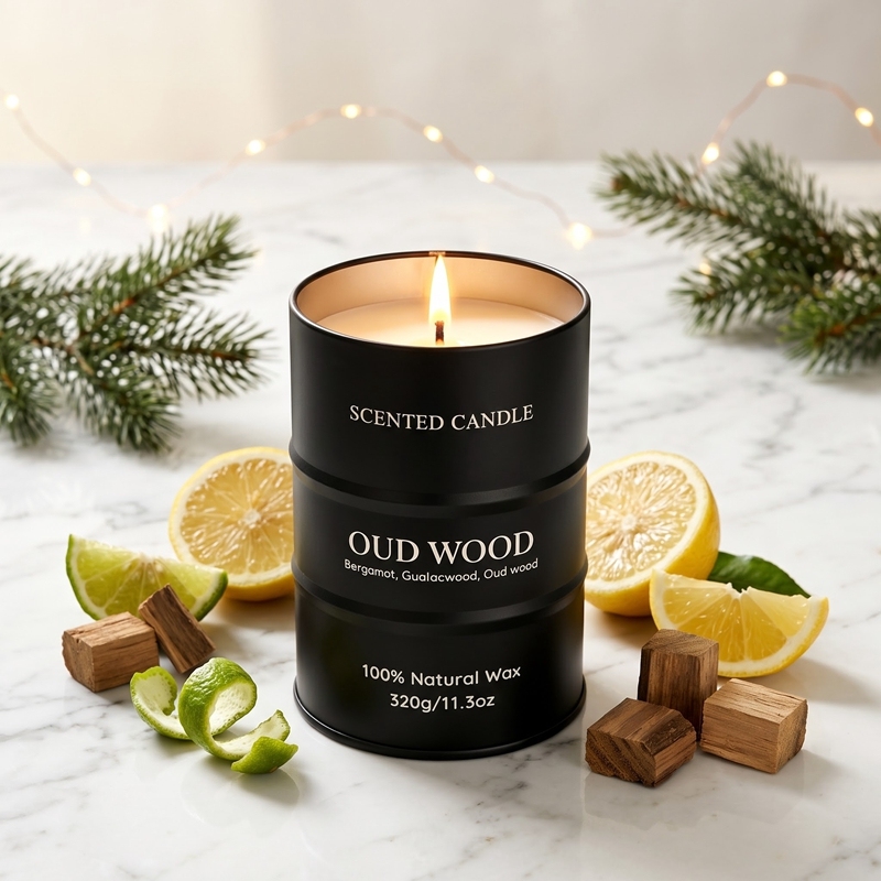 Bougie parfumée Bois d'Aoud, bougie en cire naturelle forme bidon