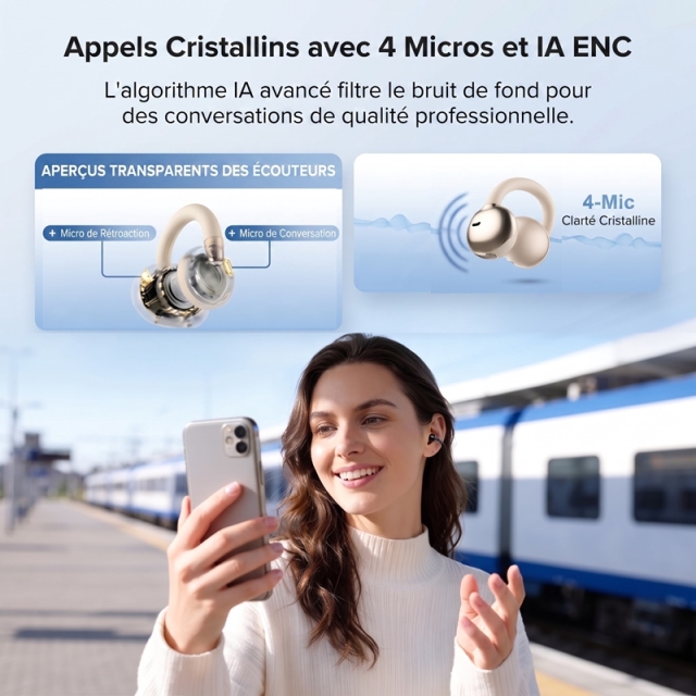 C5 WEBUDS Écouteurs sans Fil à Clip Ouvert, Silicone Liquide, 50 h d'Autonomie, 4 Micros ENC Anti-Bruit