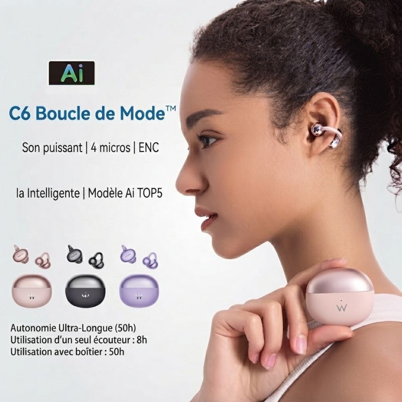 C6 Écouteurs à Clip Oreille Nuage Léger | 4,7g · Basses Puissantes (3 Aimants) · Appels HD (ENC 4 Micros)
