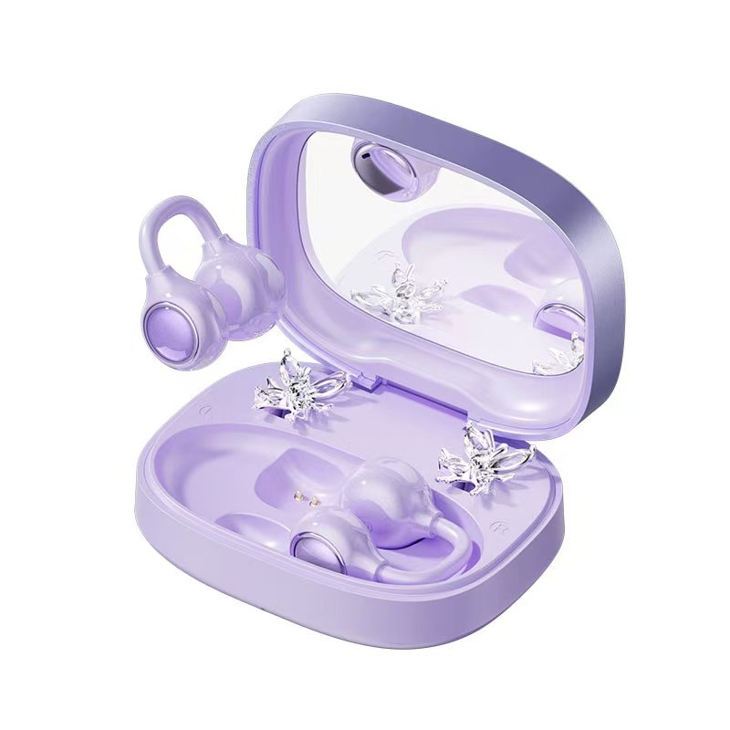 Écouteurs Bluetooth Sans Fil à Clip Oreille Ouverts Violet Lilas, Étui de Charge avec Miroir, Bijou Papillon DIY Amovible, Audio Spatial pour le Sport
