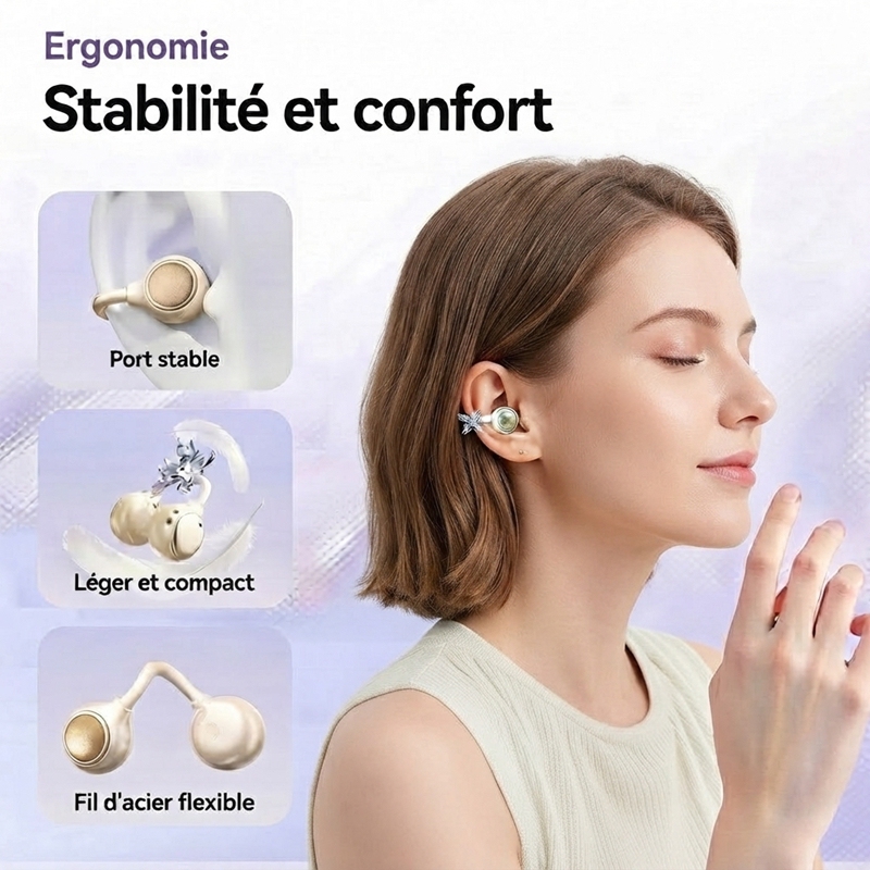 Butterfly Decor Open‑Ear Clip‑on Wireless Headphones, Bone Conduction Earbuds for Sport Office