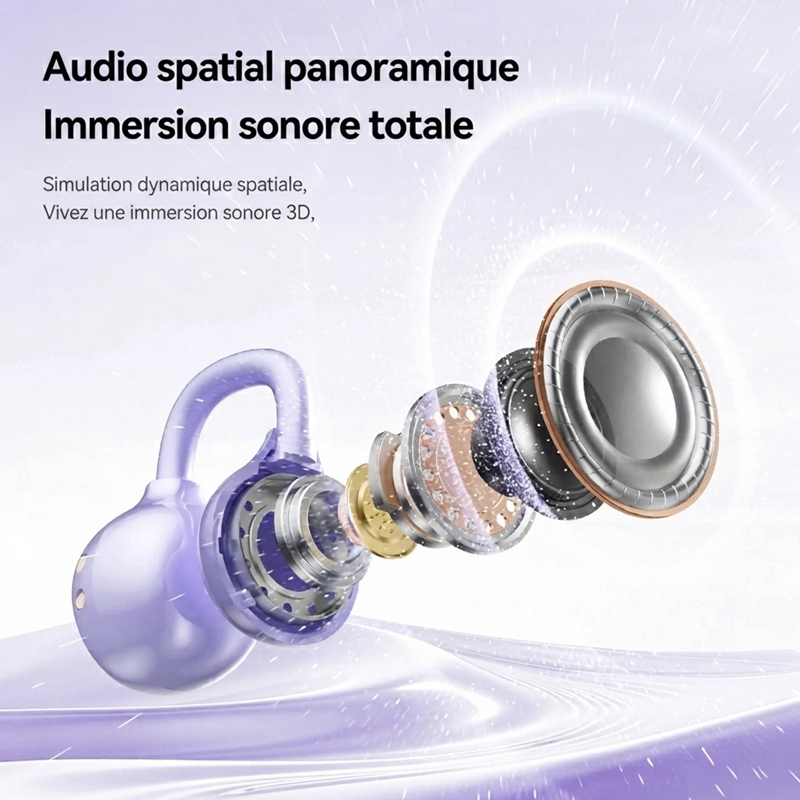 Écouteurs Bluetooth Sans Fil à Clip Oreille Ouverts Violet Lilas, Étui de Charge avec Miroir, Bijou Papillon DIY Amovible, Audio Spatial pour le Sport