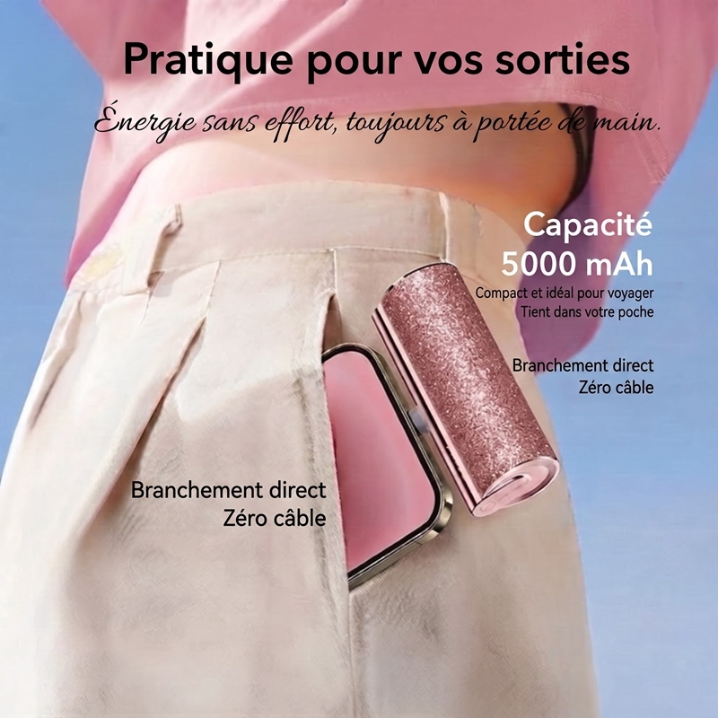 Lipstick‑Sized Portable Charger 5000mAh, Compact USB‑C Plug‑in Power Bank, Cord‑Free Mini Capsule External Battery Pack, Glitter Glam Design
