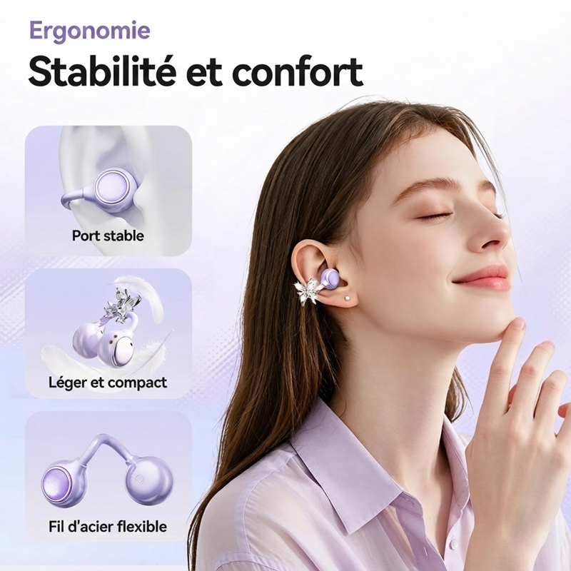 Écouteurs Bluetooth Sans Fil à Clip Oreille Ouverts Violet Lilas, Étui de Charge avec Miroir, Bijou Papillon DIY Amovible, Audio Spatial pour le Sport