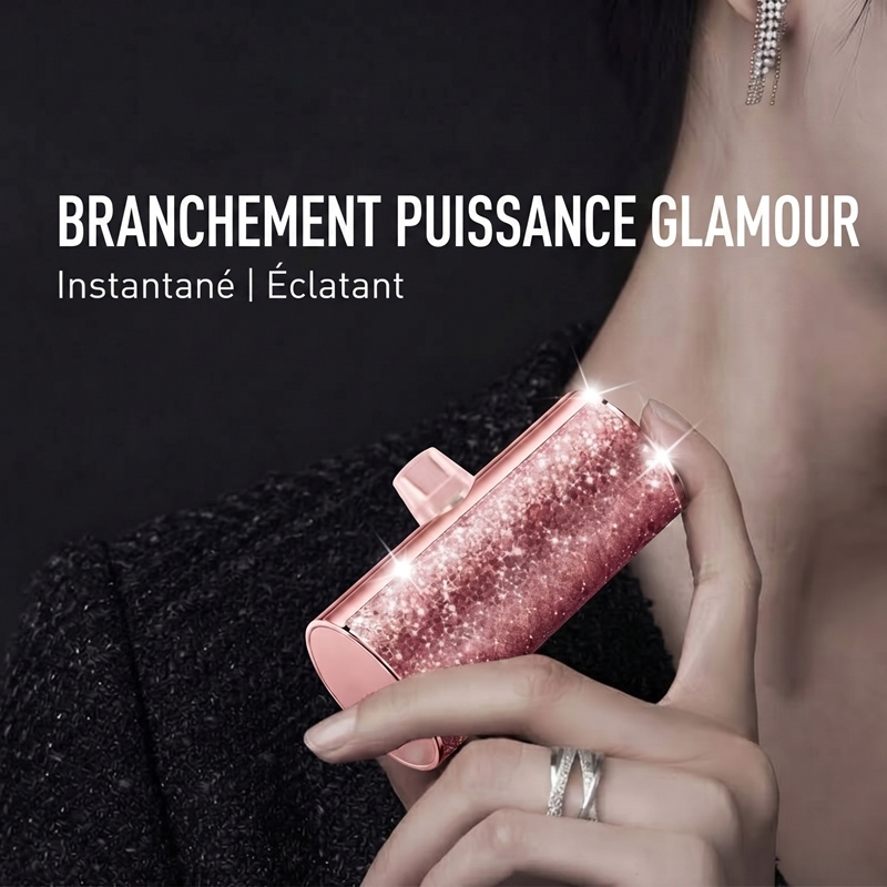 Lipstick‑Sized Portable Charger 5000mAh, Compact USB‑C Plug‑in Power Bank, Cord‑Free Mini Capsule External Battery Pack, Glitter Glam Design