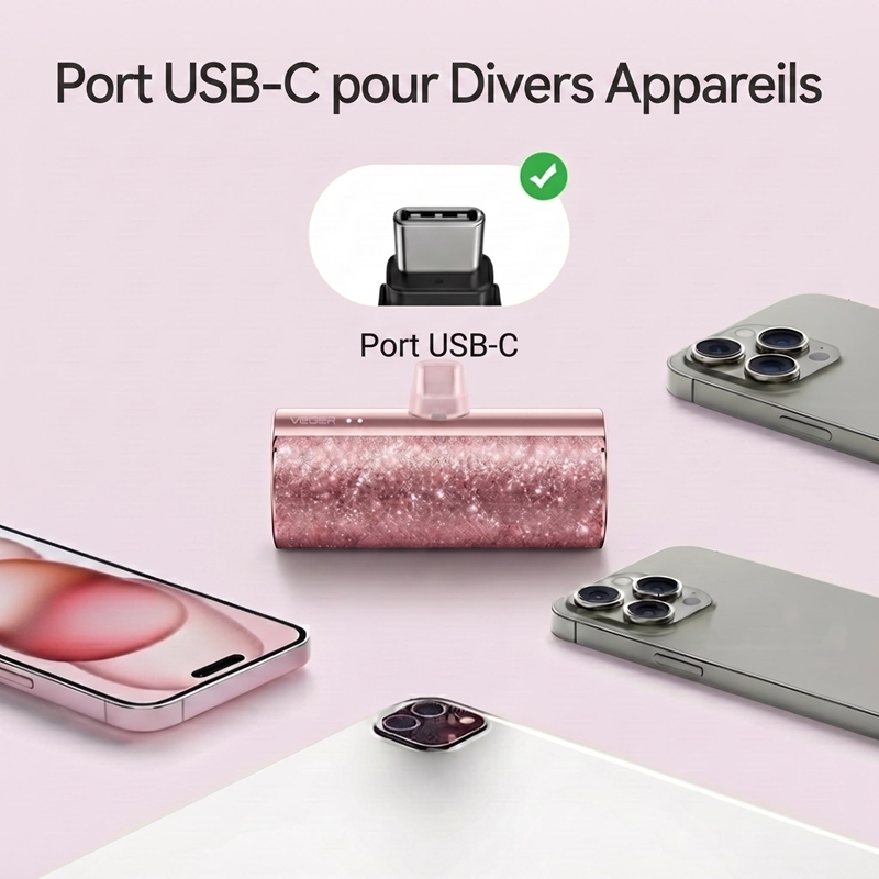 Lipstick‑Sized Portable Charger 5000mAh, Compact USB‑C Plug‑in Power Bank, Cord‑Free Mini Capsule External Battery Pack, Glitter Glam Design