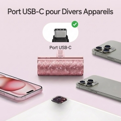 Lipstick‑Sized Portable Charger 5000mAh, Compact USB‑C Plug‑in Power Bank, Cord‑Free Mini Capsule External Battery Pack, Glitter Glam Design