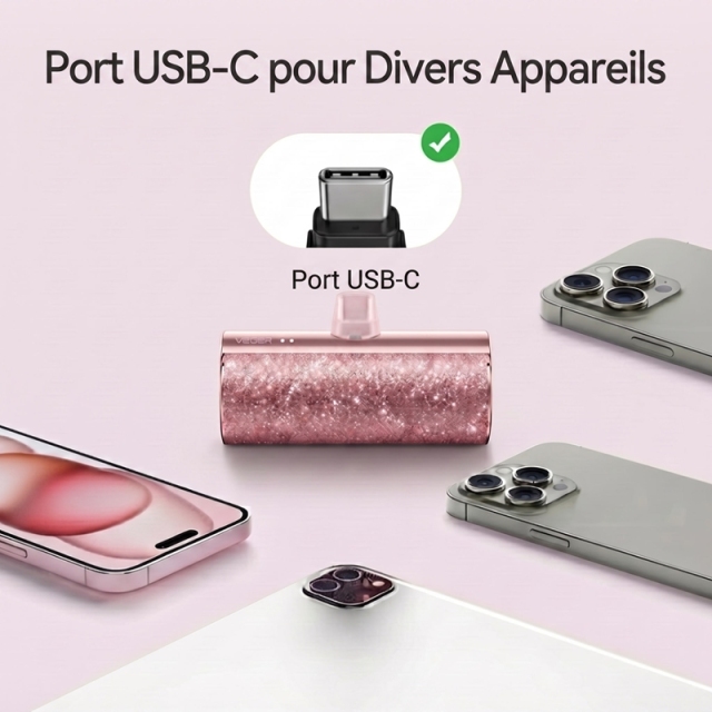Lipstick‑Sized Portable Charger 5000mAh, Compact USB‑C Plug‑in Power Bank, Cord‑Free Mini Capsule External Battery Pack, Glitter Glam Design