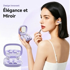 Écouteurs Bluetooth Sans Fil à Clip Oreille Ouverts Violet Lilas, Étui de Charge avec Miroir, Bijou Papillon DIY Amovible, Audio Spatial pour le Sport