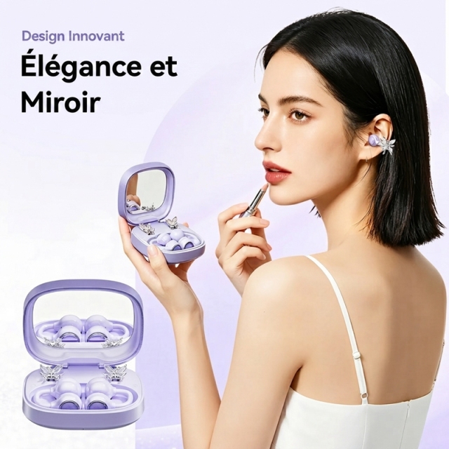 Écouteurs Bluetooth Sans Fil à Clip Oreille Ouverts Violet Lilas, Étui de Charge avec Miroir, Bijou Papillon DIY Amovible, Audio Spatial pour le Sport