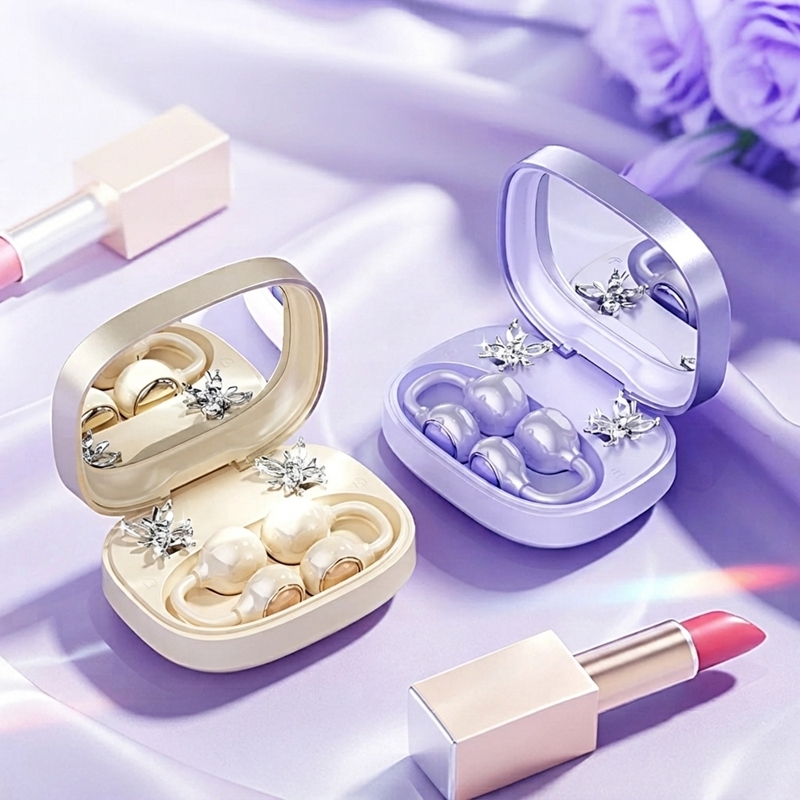 Écouteurs Bluetooth Sans Fil à Clip Oreille Ouverts Violet Lilas, Étui de Charge avec Miroir, Bijou Papillon DIY Amovible, Audio Spatial pour le Sport