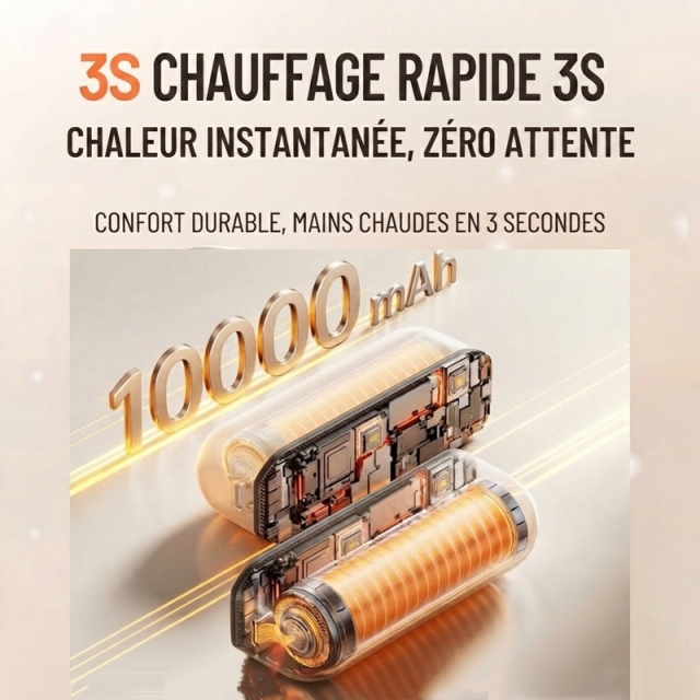 Chauffette de Mains Rechargeable Détachable Double Face, 10000 mAh, Affichage Numérique LED, 4 Niveaux de Chaleur, Cadeau d’Hiver